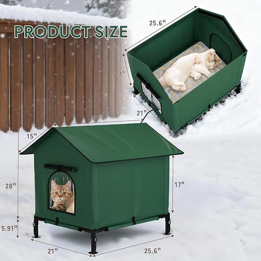 XLarge Heated Cat House for Outside, 3-in-1 Weatherproof Outdoor Cat Houses 100% Weatherproof, Safe Escape Door Cat Shelter with Heater for Feral Barn Cat Kitty-31.1" L*25.6" W*27.9" H