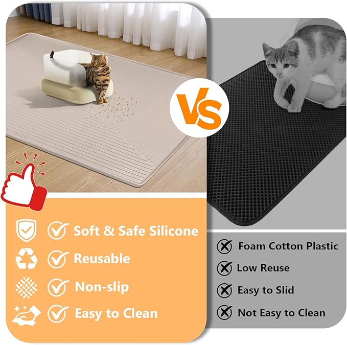 Silicone Cat Litter Mat, 50" x 36" Extra Large Litter Trapping Mat for Litter Box, Leak-Proof, Non-Slip, Kitty Litter Mats with Soft Texture for Floor, Keeping The Floor Clean (Khaki)