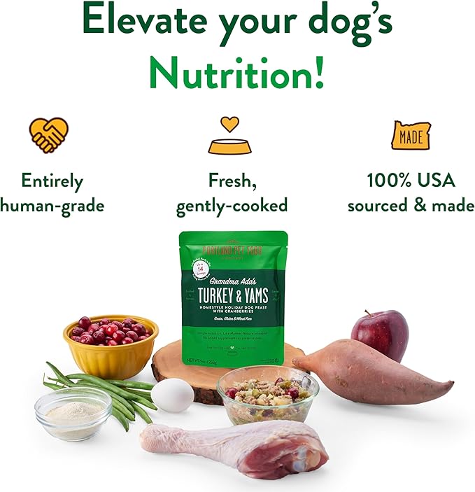 CRAFTED BY HUMANS LOVED BY DOGS Portland Pet Food Company Grandma Ada’s Turkey & Yams Wet Dog Food Pouches 5pk and Hopkin's Pork N’ Potato Wet Dog Food Pouches 5 pk Bundle