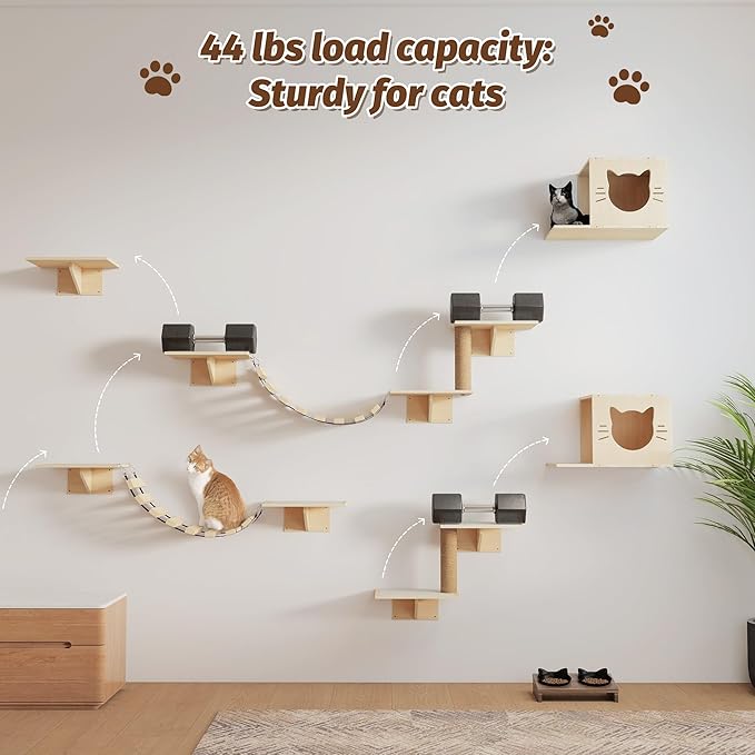 8 in 1 Cat Wall Shelves Cat Climber Set, Wall Mounted Cat Furniture with Scratching Post, Cat Bridge, Cat Condos and Cat Perches