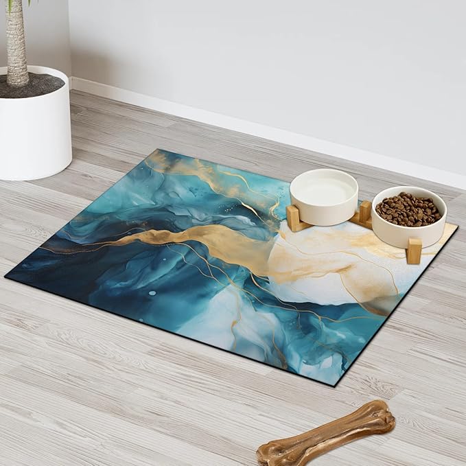 Marble Dog Food Mat for Floors Absorbent, Quick Dry Water Dispenser Mat for Food, Water, Pet Supplies 12" x 20", Blue Gold Stripes