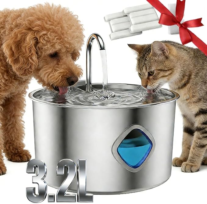 Dog Water Bowl, Triple Filtration System, 3.2L Capacity, Continuous Circulating Water Flow, Quiet Operation Stainless Steel Dog Water Fountain with Visual Water Level for Dogs Cats Pet (1PCS)