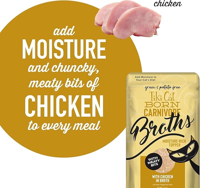 Tiki Cat Born Carnivore Chicken Recipe Broth Food Topper, Hydration and Flavor Supplement for Cats, 1.3 Fl Oz Pouches, Pack of 4