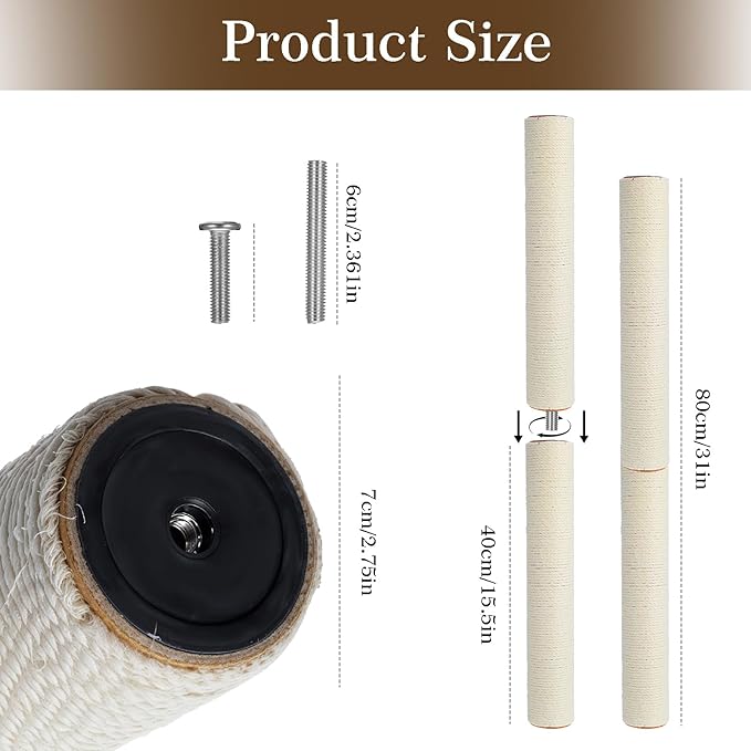 4 PCS M8 15.7 x 2.75 Inch Cat Scratching Post Replacement, Sisal Pole Cat Tree Replacement Post with Screws, Refill Scratcher Posts for Indoor Kitten Tree Tower Spare Cats Furniture Protector