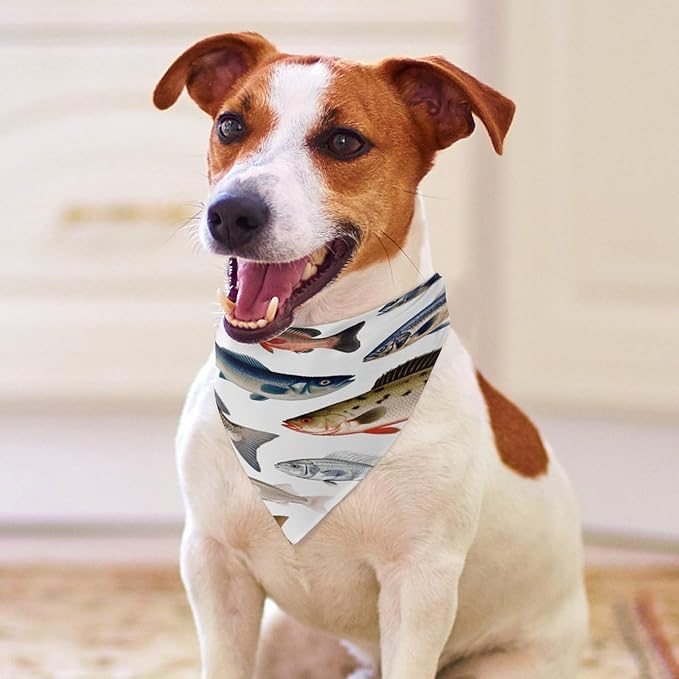 Dog Bandana Spring Pet Scarf Adjustable Triangle Different Fish Printing Dog Bib Washable Polyester Puppy Bandana for Small Medium Large Dogs Cat Birthday Party Supplies