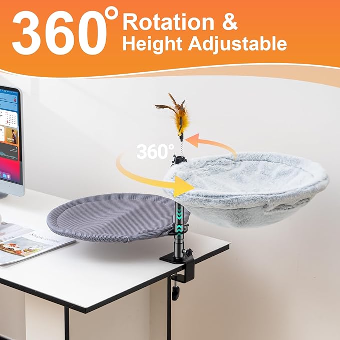 Uross Cat Desk Bed- Double Layers Adjustable Height& 360 Rotation Cat Desk Perch Mount for Office and Game Tables, Attachment Desktop Bed with 2 Washable Covers, Soft Rabbit Fur& Breathable Mesh -Grey