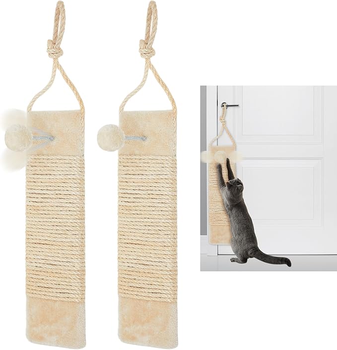 2 Pcs Cat Scratcher Door Hanging, 19.3 x 5.5inch Cat Scratching Post Wall Mounted, Natural Sisal Scratching Pad Surface with Ball Toy for Indoor Cats Kitty