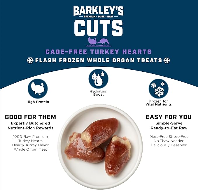 Barkley’s Cuts, Frozen Raw Diced Turkey Hearts Dog Treats, Single Ingredient, Flash Frozen, High Protein Training Treats and Food Toppers for Puppies and Dogs, Human Grade Ingredients, 16 Oz Bag