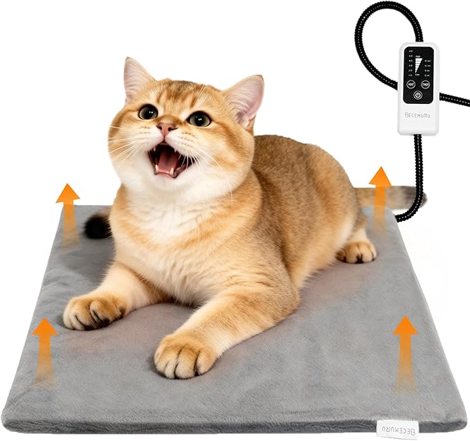 BECEMURU Pet Heating Pad for Dogs & Cats, 18x16 in, Waterproof Heated Bed with 6-Temp & Timer, Chew-Resistant Cord Electric Warm Bed for Senior Pets, Soothing Pain Relief for Arthritis