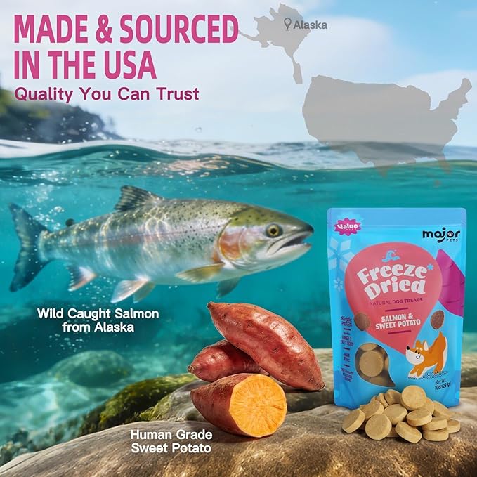 MAJOR PETS Freeze Dried Dog Treats, Wild-Caught Salmon & Sweet Potato, Omega 3 for Skin & Coat Support, Limited Ingredient High Protein Grain Free Training Reward & Meal Topper, Made in the USA, 2.5oz