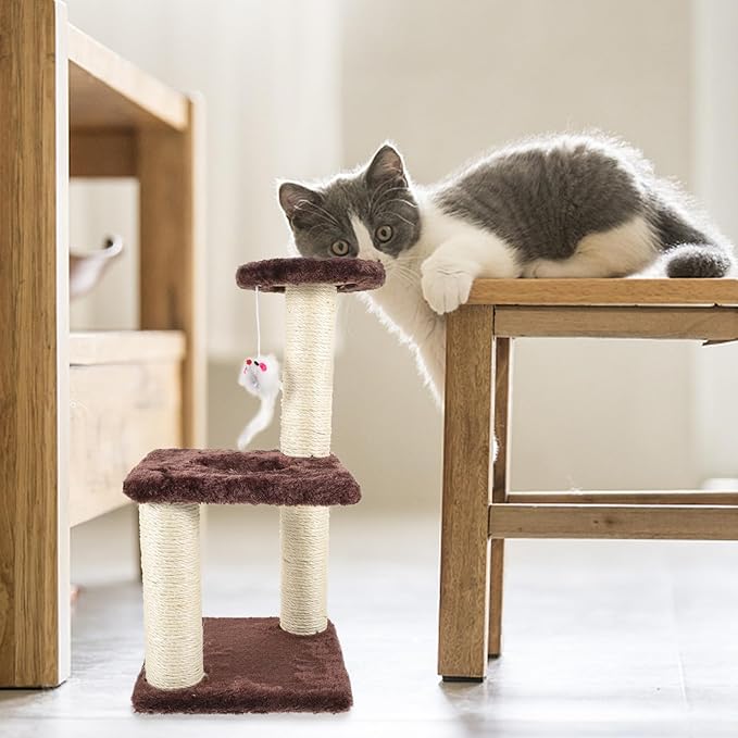 Cabilock 3-Layer Jute Cat Scratching Post with Hanging Ball Wear-Resistant Floor Scratcher for Indoor Cats and Kittens Multi-Level Activity Tower in Coffee Color