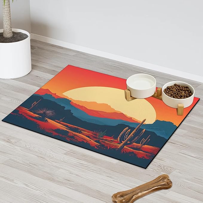 Boho Sunrise Dog Food Mat for Floors Absorbent, Quick Dry Water Dispenser Mat for Food, Water, Pet Supplies 16" x 24", Desert Cactus