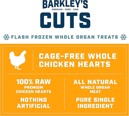 Barkley’s Cuts, Frozen Raw Whole Chicken Hearts Dog Treats, Single Ingredient, Flash Frozen, High Protein Training Treats and Food Toppers for Puppies and Dogs, Human Grade Ingredients, 16 Oz Bag