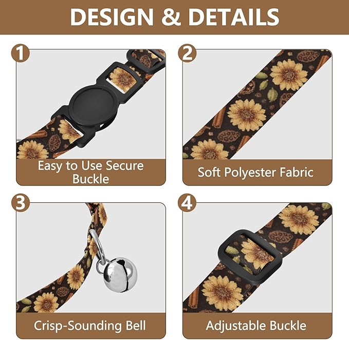 Dog Collar Fall Flowers Spices Black Pattern Dog Collars Puppy Collar Cat Pet Collar with Adjustable Buckle for Dogs Cats Pets Supplies 2 Pack