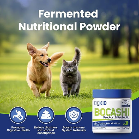 BOCASHI Probiotics Food Toppers for Dogs & Cats, Pet Fermented Nutritional Powder for Digestive Health, Gut Support, Diarrhea & Constipation, Immune Booster - Natural, Made in USA - 60 Scoops