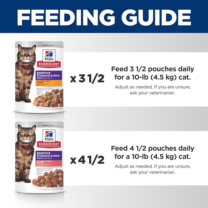 Hill's Science Diet Sensitive Stomach & Skin, Adult 1-6, Stomach & Skin Sensitivity Support, Wet Cat Food, Variety Pack: Chicken & Beef; Salmon & Tuna Stew, 2.8 oz Pouch Variety Pack, Case of 12