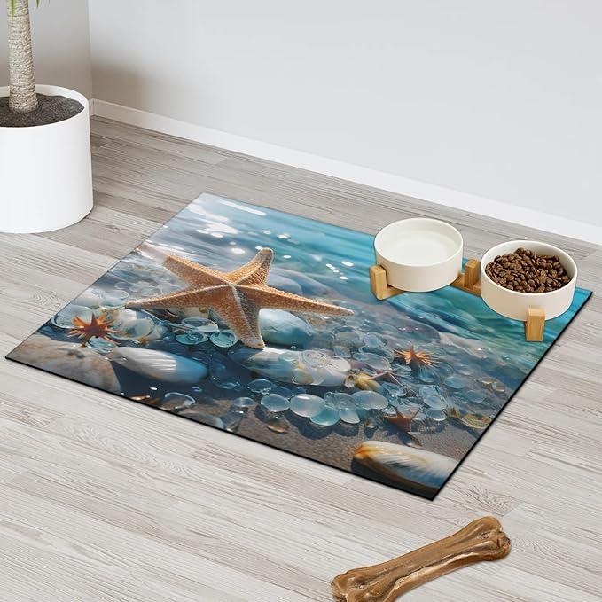 Starfish Seashell Dog Food Mat for Floors Absorbent, Quick Dry Water Dispenser Mat for Food, Water, Pet Supplies 16" x 24", Ocean Beach