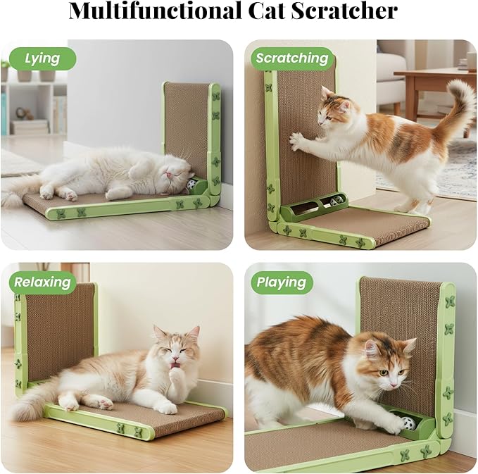 L Shape Cat Scratcher, 26.8 Inch Cat Scratchers for Indoor Cats, Protecting Furniture Cat Scratch Pad, Cardboard Cat Scratching with Ball Toy, Catnip, Large (Green)