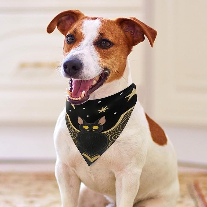 Dog Bandana Spring Pet Scarf Adjustable Triangle Black Gloden Bat Printing Dog Bib Washable Polyester Puppy Bandana for Small Medium Large Dogs Cat Birthday Party Supplies