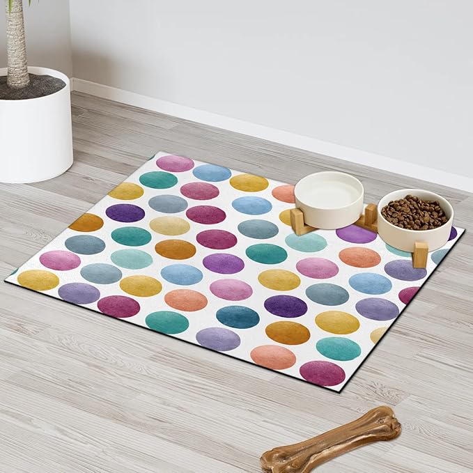 Polka Dots Dog Food Mat for Floors Absorbent Dog Bowl Mat for Food and Water Dispenser Quick Dry Cat Food Placemat Pet Supplies 24" x 32", Watercolor Rainbow