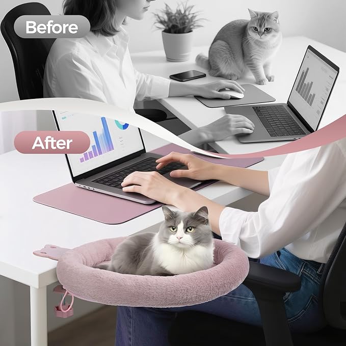 Rotating Cat Desk Bed for Remote Workers, Home Office Staff and Gamers ，Quality Soft Cat Bed, 360° Swivel, Removable Washable Cushion, Comfortable and Easy to Assemble, Supports up 40 lbs(Pink)
