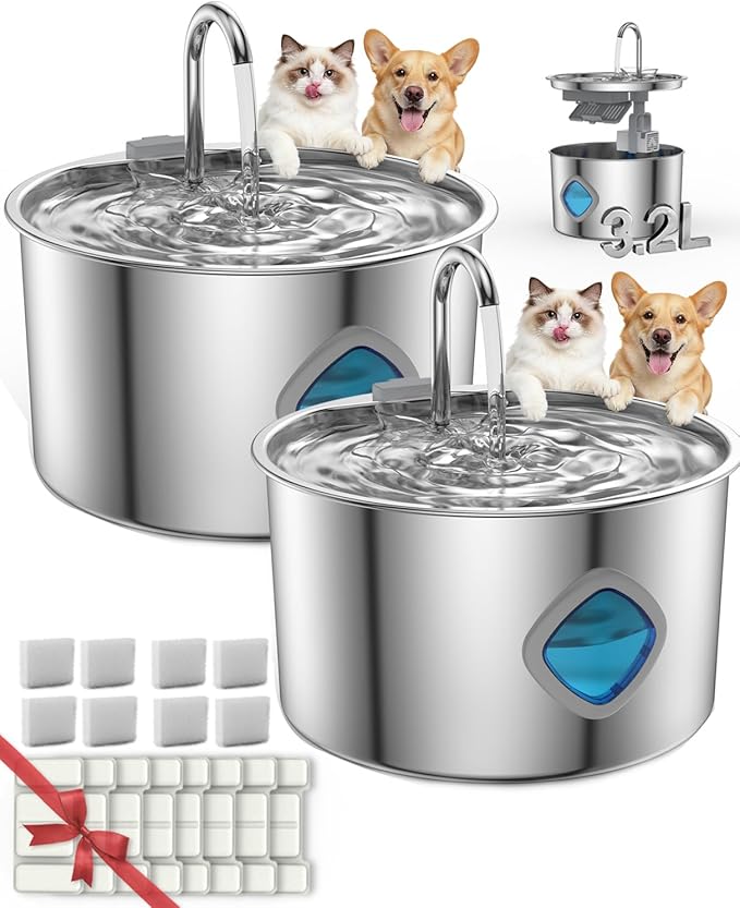 Dog Water Bowl - 3.2L Stainless Steel Dog Water Fountain, Multi-Filtration and Steady Water Circulation, Easy to Clean, Pet Water Fountain with Ultra-Quiet Pump for Dogs Cats (2Set, 8+8 Filter)