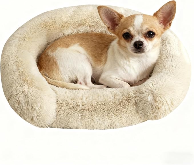 Calming Dog & Cat Beds for Small Medium Dogs Cats, Anti-Anxiety Pet Bed Orthopedic Donut Cushion, Soft Fluffy Faux Fur Warming Cozy Washable, Fits up to 15 lbs Pets (Round, Beige 20")