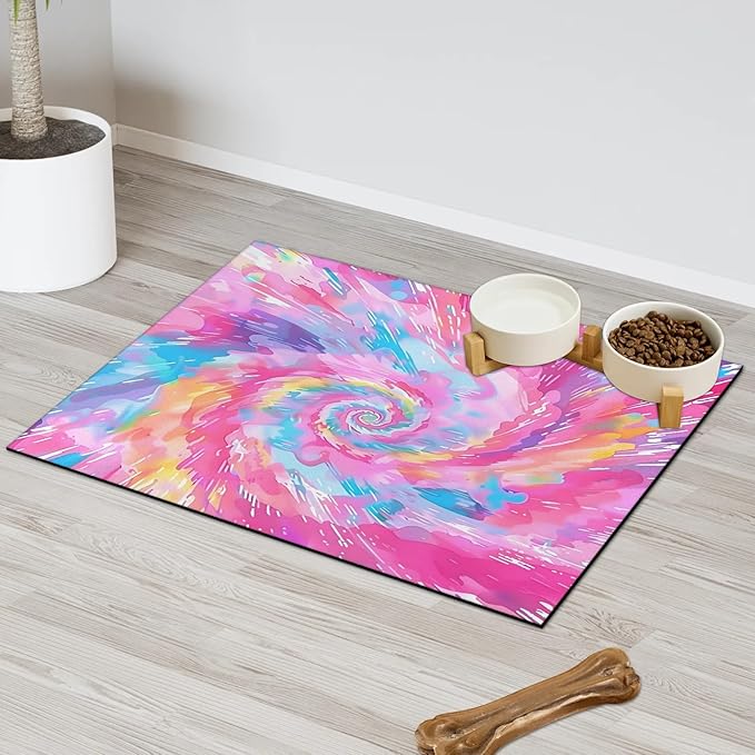 Cute Tie Dye Dog Food Mat for Floors Absorbent, Quick Dry Water Dispenser Mat for Food, Water, Pet Supplies 16" x 24", Rainbow