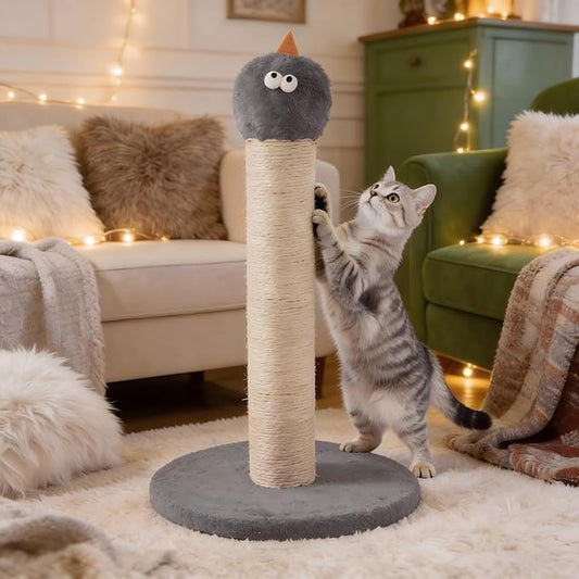 Cat Scratching Post for Small Space, 22'' Scratching Posts for Indoor Cats Adults, Extra Wide 13.4" Stable Base & Natural Sisal, Cute Cat Scratching Post with Short Plush Fabric for Large Cats, Gray