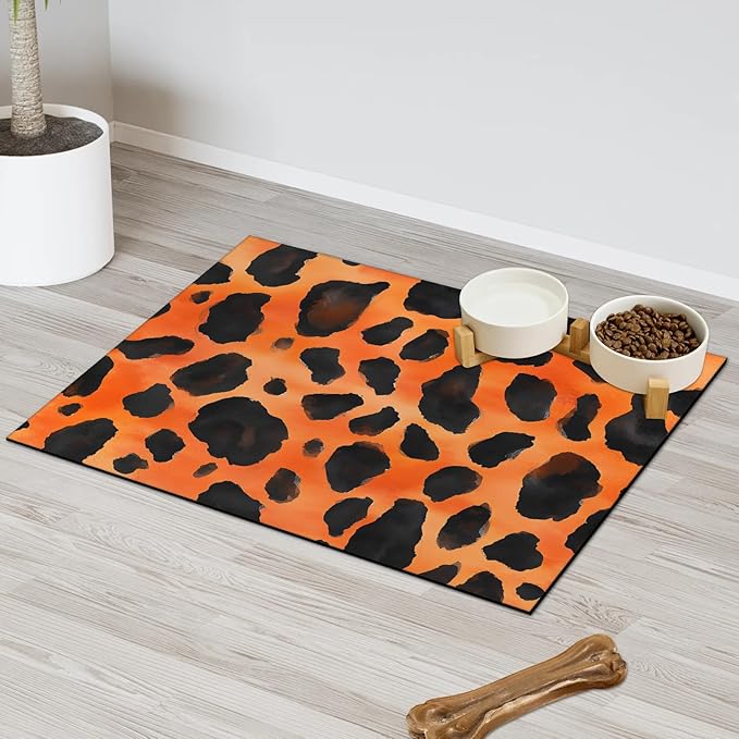 Leopard Print Dog Food Mat for Floors Absorbent Dog Bowl Mat for Food and Water Dispenser Quick Dry Cat Food Placemat Pet Supplies 17" x 30", Orange Wild Skin