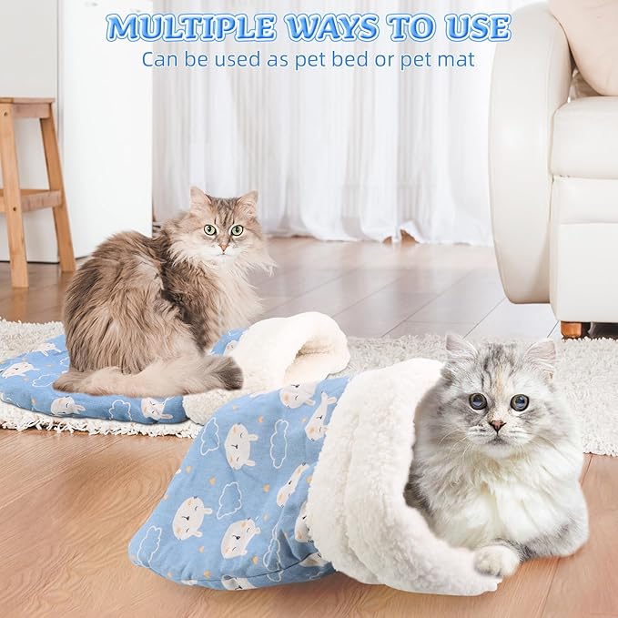 Cat Sleeping Bag Bed, Winter Soft Plush Sack Self Warming Cave Bed for Indoor Cats, 360°Wrap Comfortable Pet Snuggle Sack, Soft Plush Large - Size L (Blue)