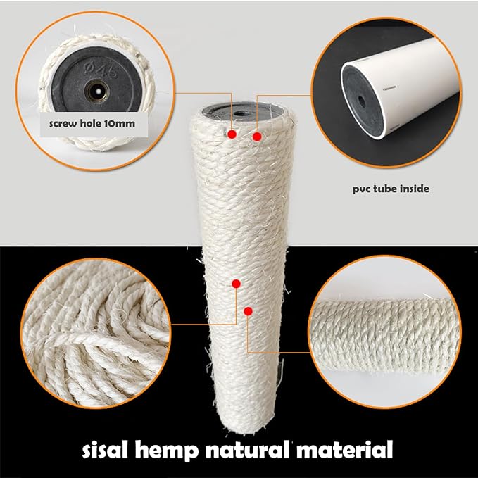 2Pcs M10 Cat Tree Replacement Post - 10mm Bolt Sisal Cat Scratching Post Replacement Pole DIY M10 Bolt Sturdy PVC Tubes Screws Included (3.35 * 11.8")