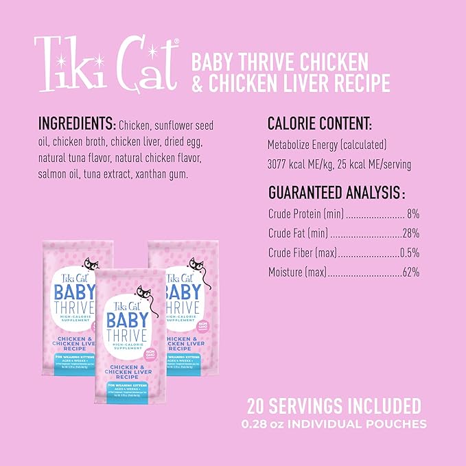 Tiki Cat Baby Thrive, Chicken & Chicken Liver Mousse, 5.6 oz. Pouch (20 Individual Servings) (Pack of 2)