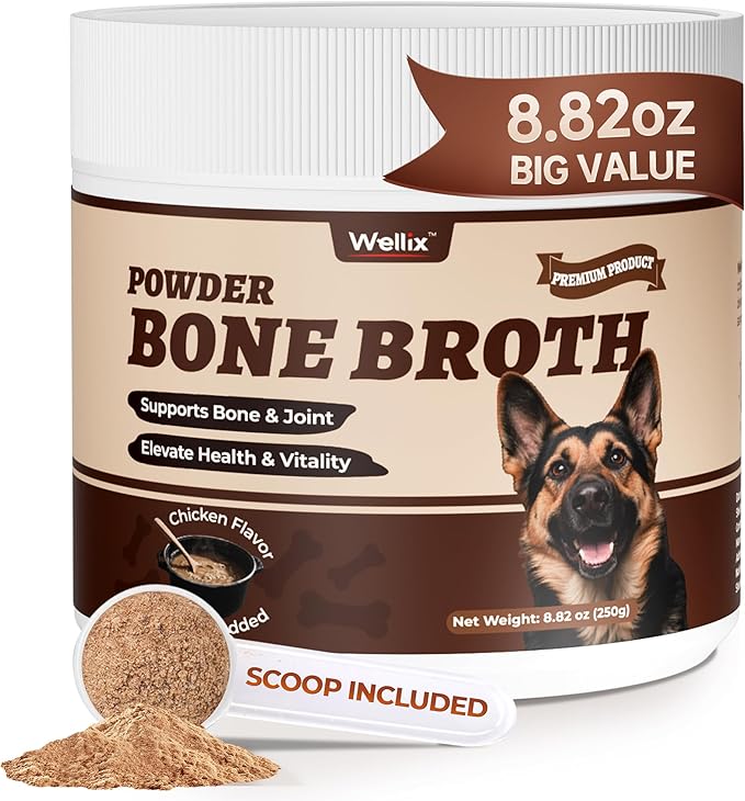 8.8oz Wellix Bone Broth Powder for Dogs & Cats - Dog Food Toppers with Glucosamine Chondroitin Tumeric Collagen for Dogs Joints Strength & Gut Health