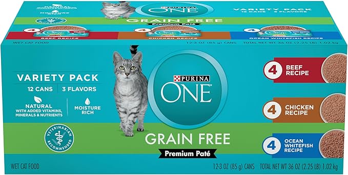 Purina ONE Grain Free, Natural Pate Wet Cat Food Variety Pack, Beef, Chicken and Ocean Whitefish Recipes - (2 Packs of 12) 3 oz. Pull-Top Cans