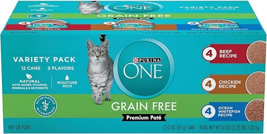 Purina ONE Grain Free, Natural Pate Wet Cat Food Variety Pack, Beef, Chicken and Ocean Whitefish Recipes - (2 Packs of 12) 3 oz. Pull-Top Cans