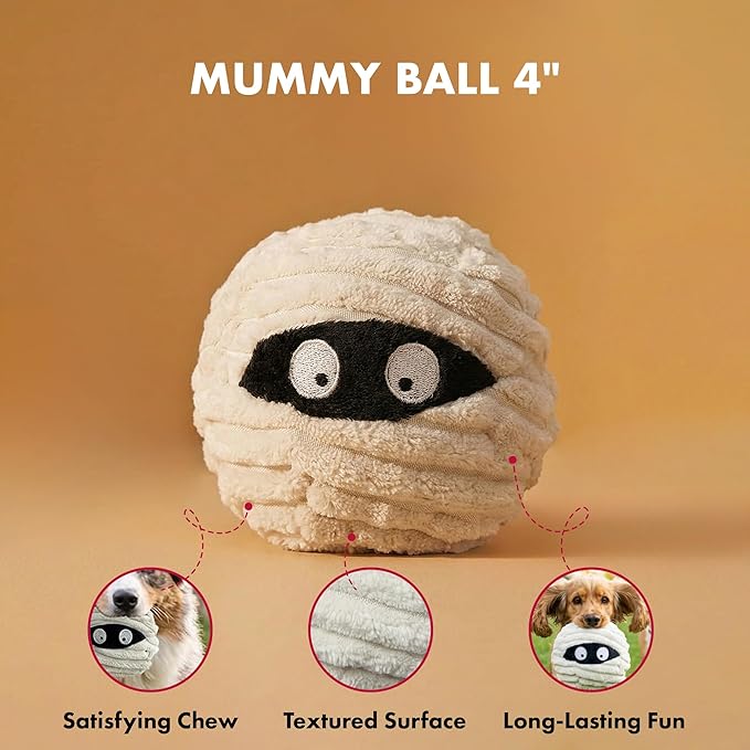 Pet Lou Batmmy EZ Squeaky Ball Dog Toy, Twin Pack (4"), Bat & Mummy Head, Durable Plush Dog Squeaker Toys, Stuffing-Free Pet Supplies for Small & Medium Dogs