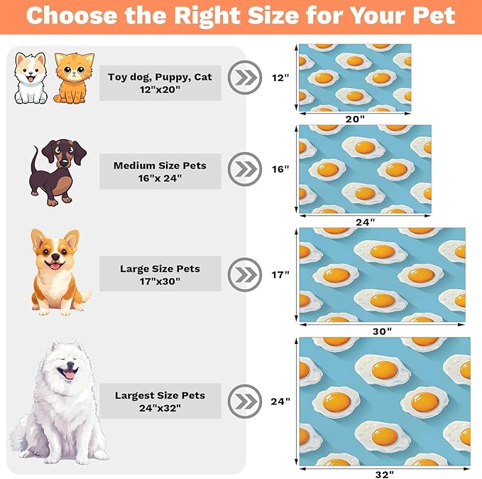 Cute Egg Dog Food Mat for Floors Absorbent Dog Bowl Mat for Food and Water Dispenser Quick Dry Cat Food Placemat Pet Supplies 24" x 32", Fried Eggs