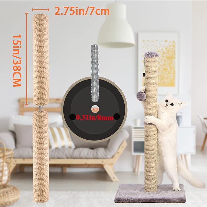 2pcs Cat Scratching Post Sisal Scratch Pole for Cat Trees Climbing Frame Replaceable Cat Scratcher Cat Toys Healthy Scratching Furniture Cat Supplies for Indoor Cat Kittens Activity 15 inch