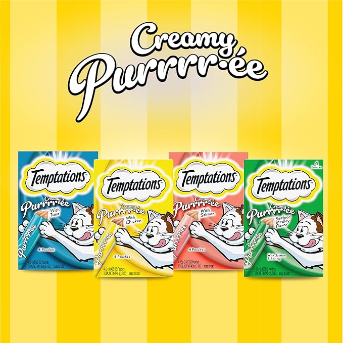 Temptations Creamy Puree Squeezable Lickable Cat Treats, Wet Cat Treats with Salmon and Shrimp, 0.42 oz. Tubes, 4 Count, Pack of 11 (44 Total)