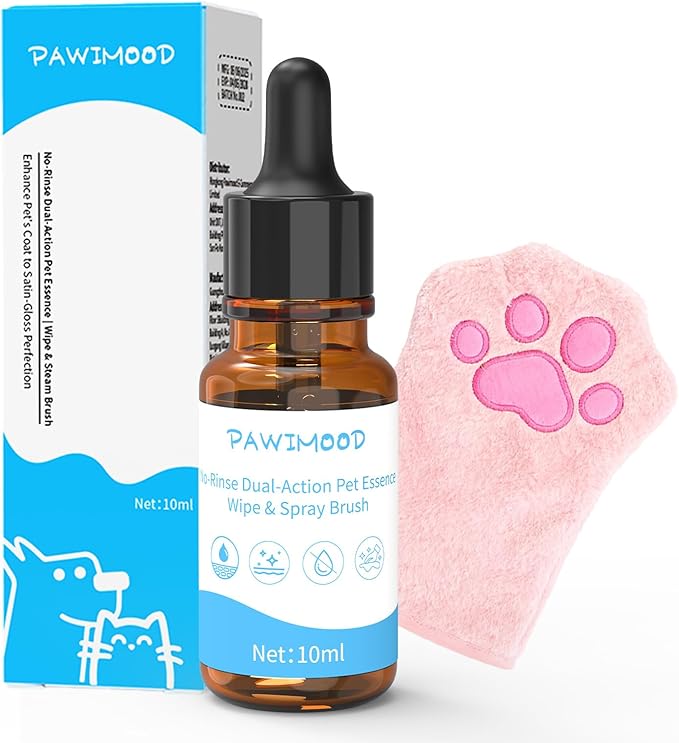 Concentrated Waterless Shampoo Essence with Pink Grooming Glove, No-Rinse & Lick-Safe Essence for Steam Brushes, Gentle Care for Cats/Kittens/Seniors, Manage Shedding & Freshness,0.34oz*1