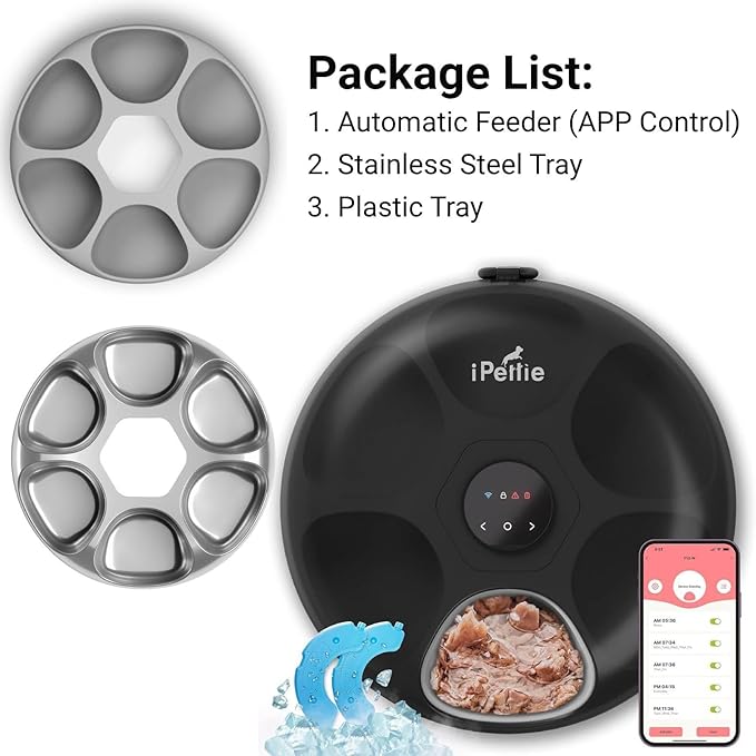 iPettie Donut Frost WiFi 6 Meal Automatic Wet Food Feeder with Ice Packs for Senior and Weak Pets, App Control Programmable Timer, Holds 6 x ½ lb. of Food, Black, Stainless Steel and PlasticTray