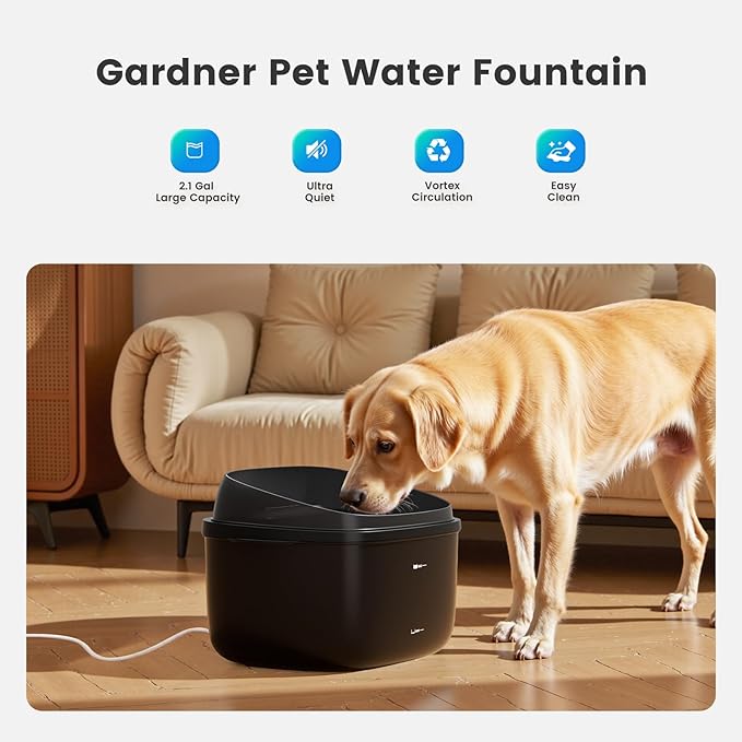Gardner Pet Dog Water Fountain for Large Dogs, 8L/2.1Gal Large Capacity Automatic Dog Water Bowl Dispenser with Vortex Circulation, UV&Maifan Stone Filter, Quiet Dog Water Bowl(Without Adapter)