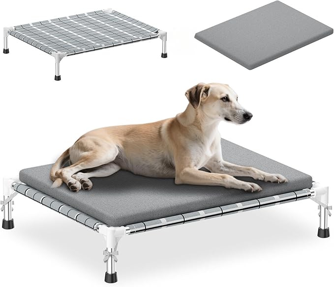 Elevated Raised Outdoor Dog Bed - Cooling Lifted Outside Dogs Bed with Cushion Mat Dog Hammock Bed with Stainless Steel Frame Portable Puppy Pet Bed for Indoor & Outdoor (M:34" x 26" x 8")