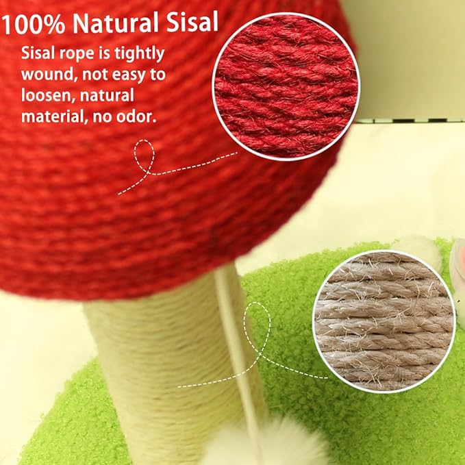 Red Mushroom Cat Scratching Post, Kitten Post Scratcher, Big 16in Base, Mushroom Cat Tree, Natural Sisal Scratching Poles with Interactive Toy Ball, Cute Furniture Scratching Posts for Indoor Cats