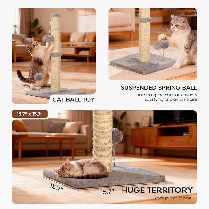 FDW 33 Inch Cat Scratching Post Cat Scratcher Natural Sisal Rope Scratch Post Trees with Hanging Ball for Indoor Cats and Adults,Light Gray