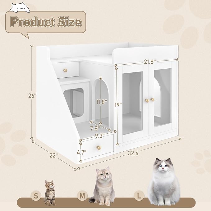 Cat Litter Box Enclosure with Light, Hidden Litter Box Furniture with 2 Storage Drawers & Smart Doors, Cat House Side Table for Living Room Entryway (White)