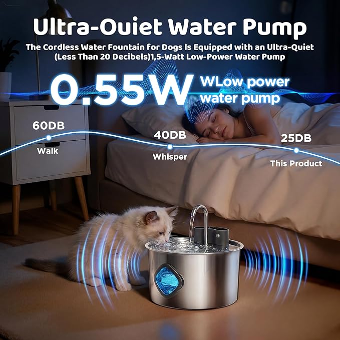 3.2L Wireless Pet Water Fountain, 4000mAh Rechargeable Stainless Steel Dispenser with Infrared Sensor & 3-Stage Filtration, Ultra-Quiet Pump, Indoor & Outdoor Use for Cats & Dogs