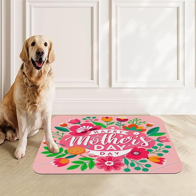 Non Slip Mat for Dog Pet Cat Dog Food Mats Happy Mother's Day Floral Gift for Mom Q Water Bowl Mat Quick Dry Absorbent Cat Feeding Mats 18X12In