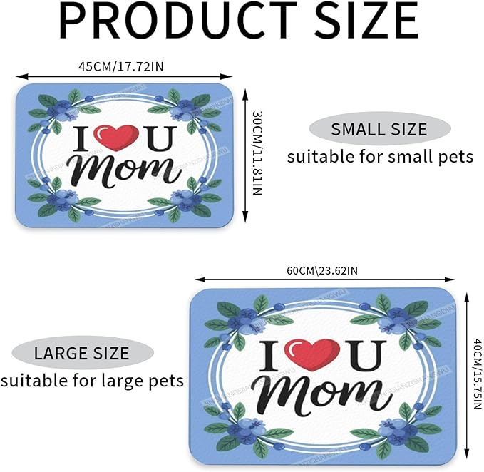 Non Slip Mat for Dog Pet Cat Dog Food Mats Happy Mother's Day Floral Gift for Mom Blueberry Water Bowl Mat Quick Dry Absorbent Cat Feeding Mats 18X12In